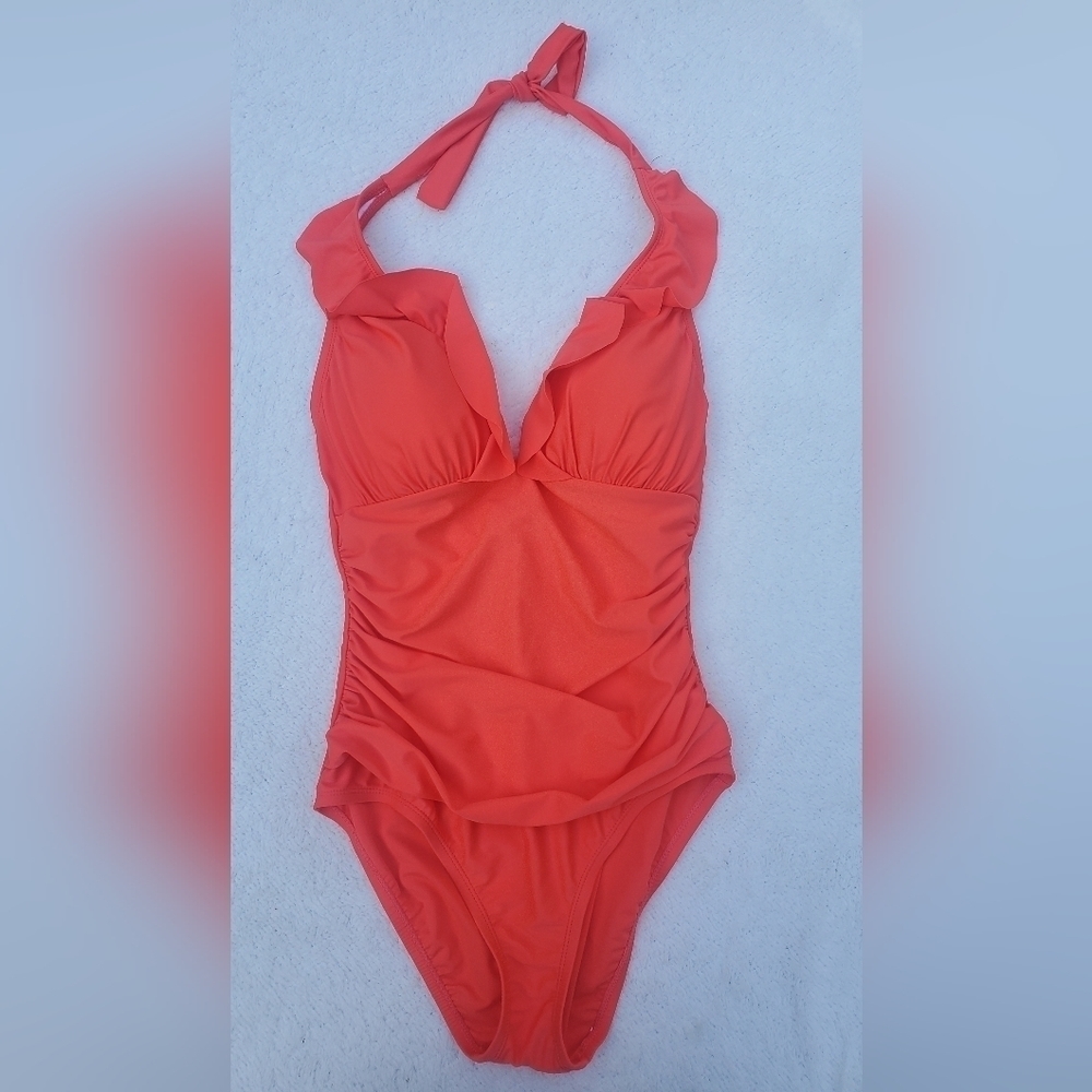 Ellen Tracy Ruffle Halter Rouched One Piece Swimsuit Size‎ 8